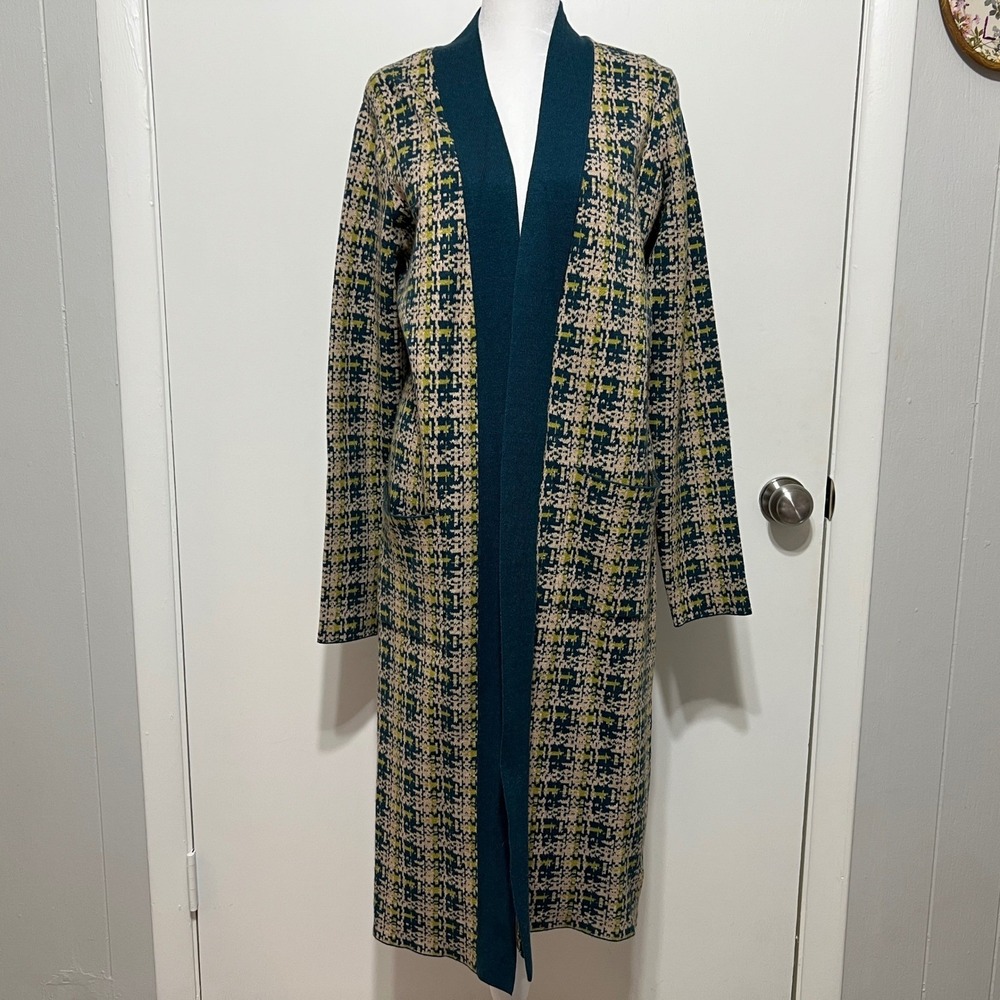 Christian Siriano Womens Cardigan Size M Green Plaid Long Open Front Duster Chic